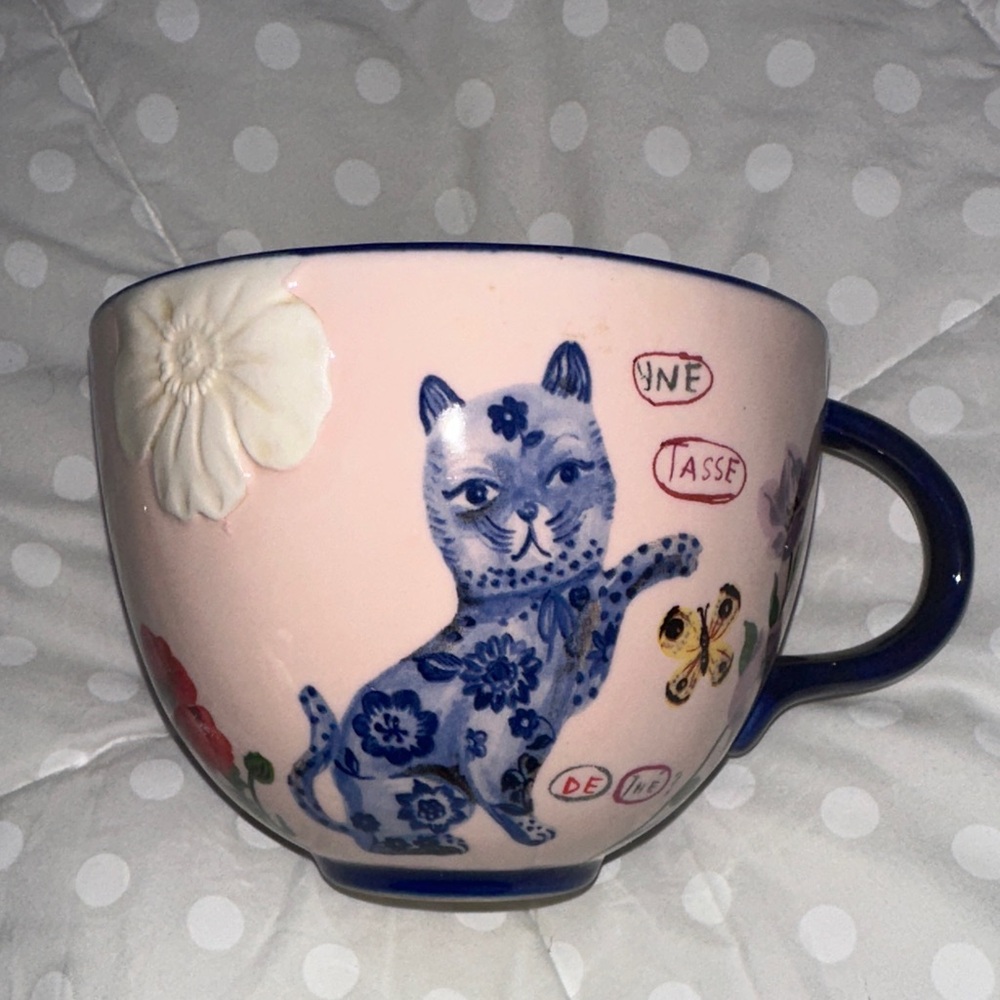 Pink & Blue Cat Floral Tea Cup Tatania Cat Mug Anthropologie Nathalie Rete